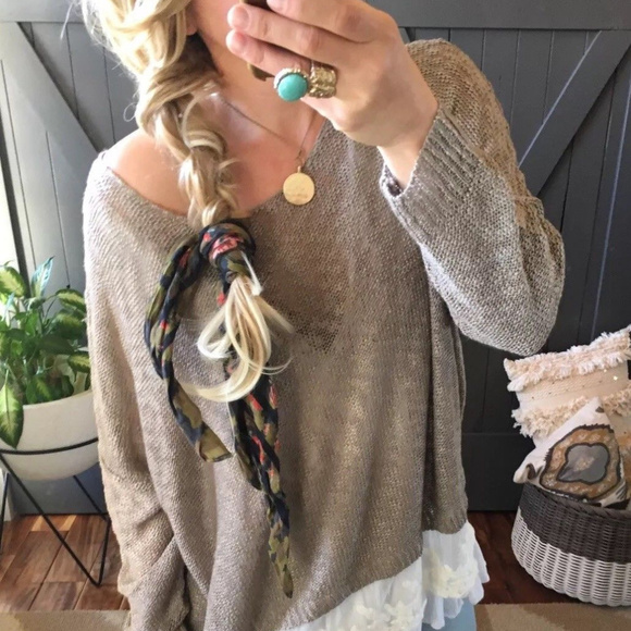 TAUPE LACE RUFFLE HEM BOHO PLUS SZ SWEATER TOP 3X - Picture 6 of 6